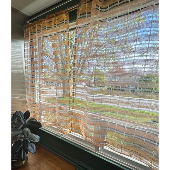Vintage 70s curtain, orange white open weave, large stripes, per panel - Picture 3 of 10